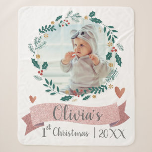 Mooie babyfoto eerste kerst roze hart krans sherpa deken