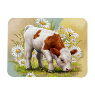 Mooie babykoe in een veld met madeliefjes bloemen magneet