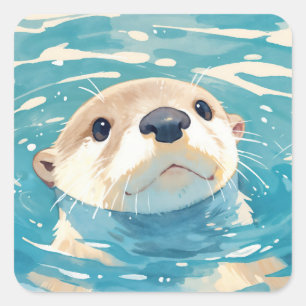 Mooie babyotter zwemt in blauw kabbelend water vierkante sticker