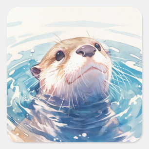 Mooie babyotter zwemt in blauwe waterkringen vierkante sticker