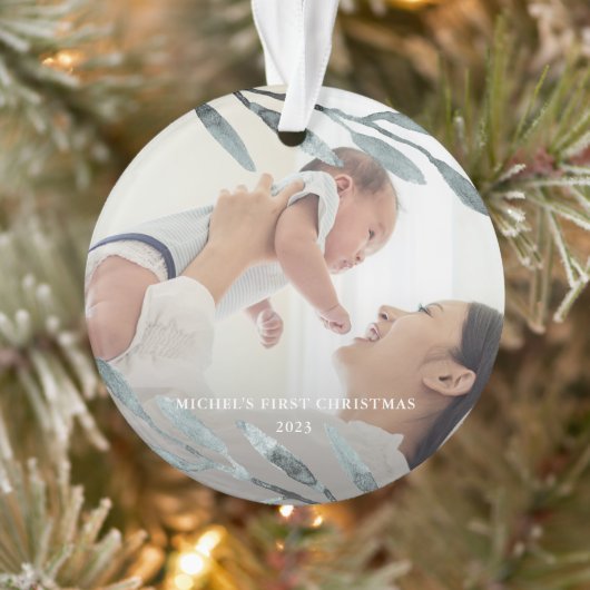 Mooie baby's eerste kerstblauwe foto ornament (Boom)
