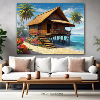 Mooie bamboe hut in tropisch eiland strand poster