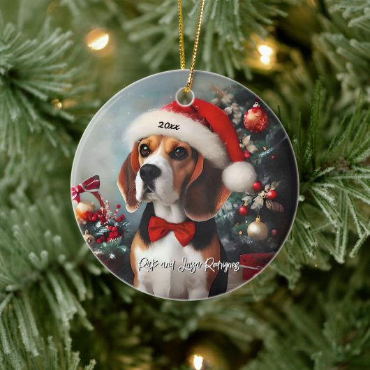 Mooie Beagle met Santa Hat Keramisch Ornament (Boom)