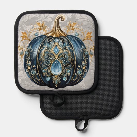 Mooie bejeweled blauwe en gouden pompoen pannenlap (Voorkant / Achterkant)