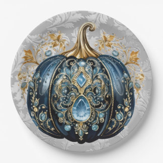 Mooie bejeweled blauwe en gouden pompoen papieren bordje