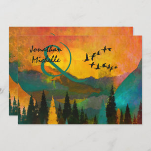 Mooie bergzondst, bomen en vogelweddenschappen kaart