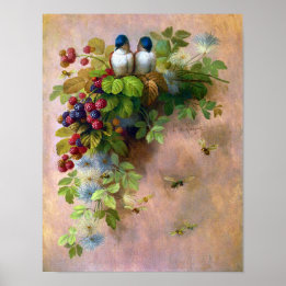 Mooie Berry-wijnstokken en blauwe vogels Poster