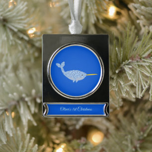 Mooie Blauwe Baby Jongen Narwal Eerste Kerstmis Aa Verzilverd Banner Ornament