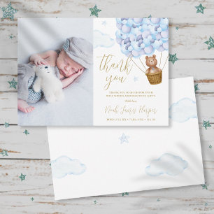 Mooie Blauwe Ballonnen Beer Pasgeboren Baby Foto Bedankkaart