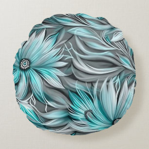 Mooie Blauwe Blauwgroen Bloemenprint Rond Kussen