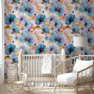 Mooie Blauwe Bloemen Alcohol Inkt in Zachte Pastel Behang