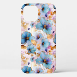 Mooie blauwe bloemen Alcohol inkt pastel iPhone 12 Hoesje