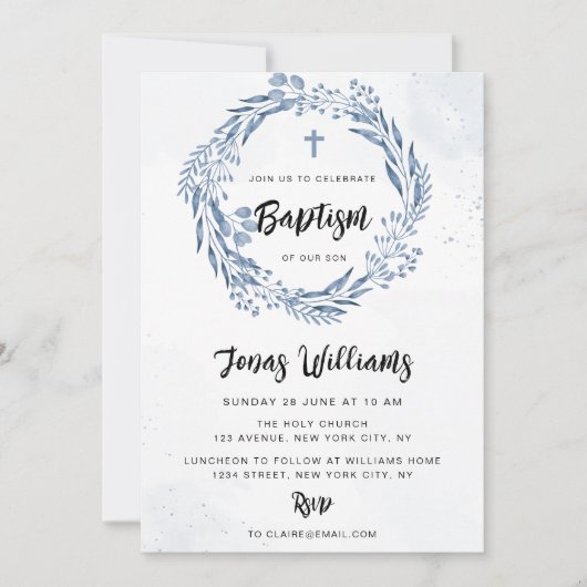 Mooie blauwe bloemen doop kaart (Voorkant)