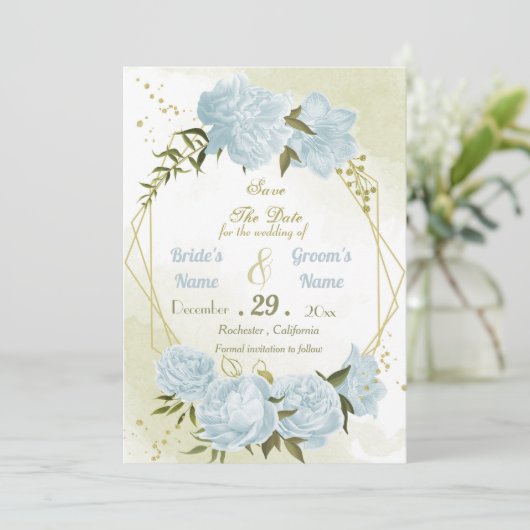 mooie blauwe bloemen groene bladeren geometrisch save the date (Staand voorkant)