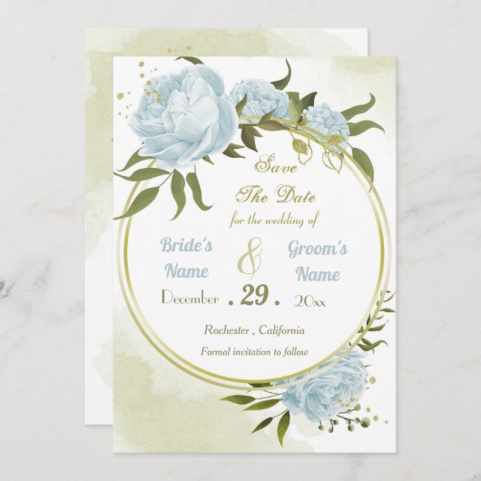 mooie blauwe bloemen groene bladeren met een deuk save the date (Voorkant / Achterkant)
