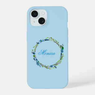 Mooie Blauwe Bloemenkrans met Monogram iPhone 15 Hoesje