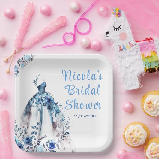 Mooie Blauwe Bloemige Bruidsjurk Bruidsborrel Papieren Bordje (Feest)