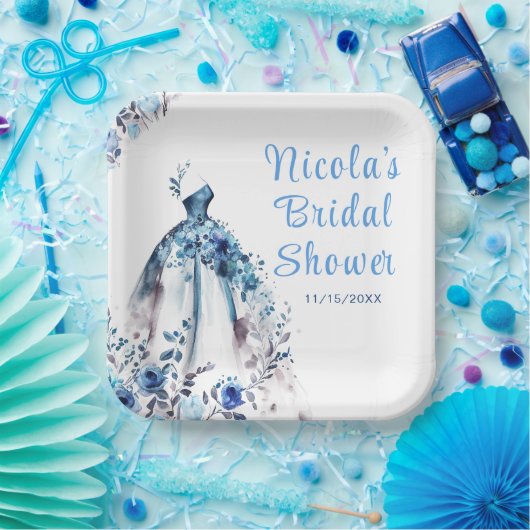 Mooie Blauwe Bloemige Bruidsjurk Bruidsuitnodiging Papieren Bordje (Feest)