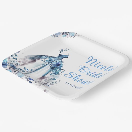 Mooie Blauwe Bloemige Bruidsjurk Bruidsuitnodiging Papieren Bordje (Gebogen)