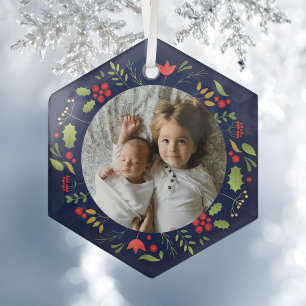 Mooie blauwe botanische foto, aangepast kerstfeest glas ornament