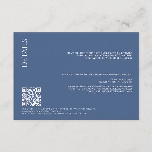 Mooie Blauwe Details met QR Code Bruiloft Informatiekaartje (Voorkant)