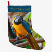 Mooie blauwe en gouden papegaai grote kerstsok (Voorkant)