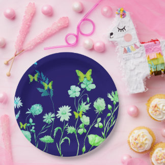 Mooie blauwe en groene bloemen en vlinder papieren bordje