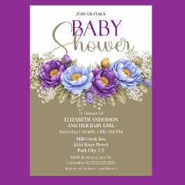 Mooie Blauwe en Paarse Pioen Meisje Baby Shower Kaart