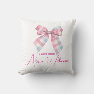 Mooie blauwe en roze strik gepersonaliseerd cadeau kussen