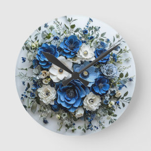 Mooie Blauwe en Witte Bloemstuk Ronde Klok