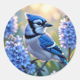 Mooie Blauwe Gaai en Sering AI-illustratie Ronde Sticker