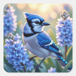 Mooie Blauwe Gaai en Sering AI-illustratie Vierkante Sticker
