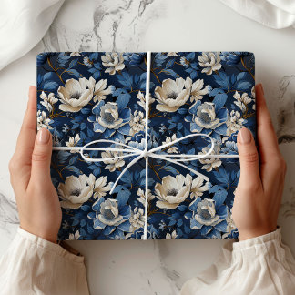 Mooie Blauwe Ivoren Bloemendecoratie Verpakking Cadeaupapier