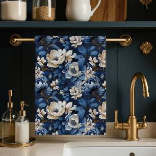 Mooie Blauwe Ivoren Bloemrijke Elegante Keukendoek Theedoek