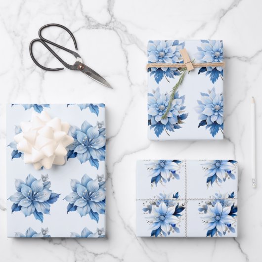 Mooie blauwe kerstbloemen inpakpapier vel (Voorkant)