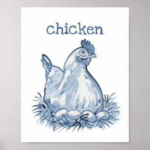 Mooie Blauwe Kip Hen Aquarel Dier Natuur Poster