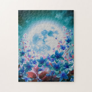 Mooie blauwe maan met bloemen legpuzzel