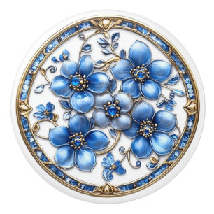 Mooie Blauwe Metallic Emaille Bloemen Gouden Parel Keramische Knop
