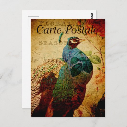 mooie blauwe pacock Floral Frans Briefkaart (Voorkant / Achterkant)