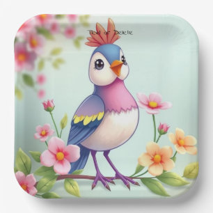 Mooie Blauwe Roze Vogel Bloemig Papieren Bord