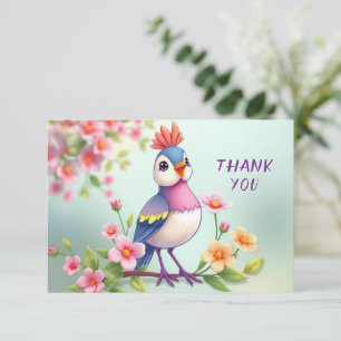 Mooie Blauwe Roze Vogel Bloemige Bedankkaart