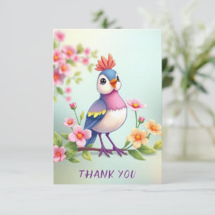 Mooie Blauwe Roze Vogel Bloemige Bedankkaart