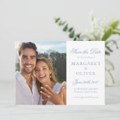 Mooie Blauwe Script Foto Save The Date Kaart (Staand voorkant)