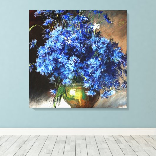 Mooie blauwe sierbloemen canvas afdruk (Insitu (Houten vloer))