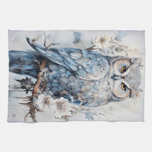 Mooie blauwe uil op een tak kerst theedoek (Horizontaal)