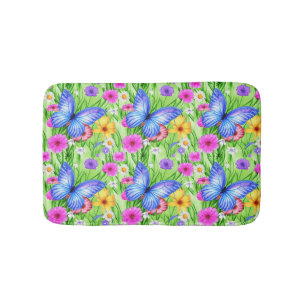 Mooie blauwe vlinder met bloemen Waterverf Badmat