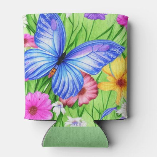 Mooie blauwe vlinder met bloemen Waterverf Blikjeskoeler (Achterkant)