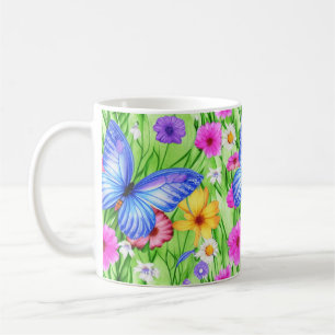 Mooie blauwe vlinder met bloemen Waterverf Koffiemok