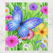 Mooie blauwe vlinder met bloemen Waterverf Wijn Etiket (Enkel label)