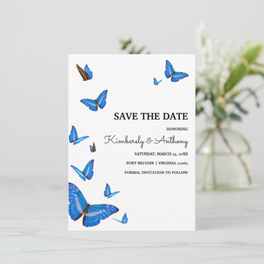 Mooie blauwe vlinders bruiloft Save the Date (Staand voorkant)